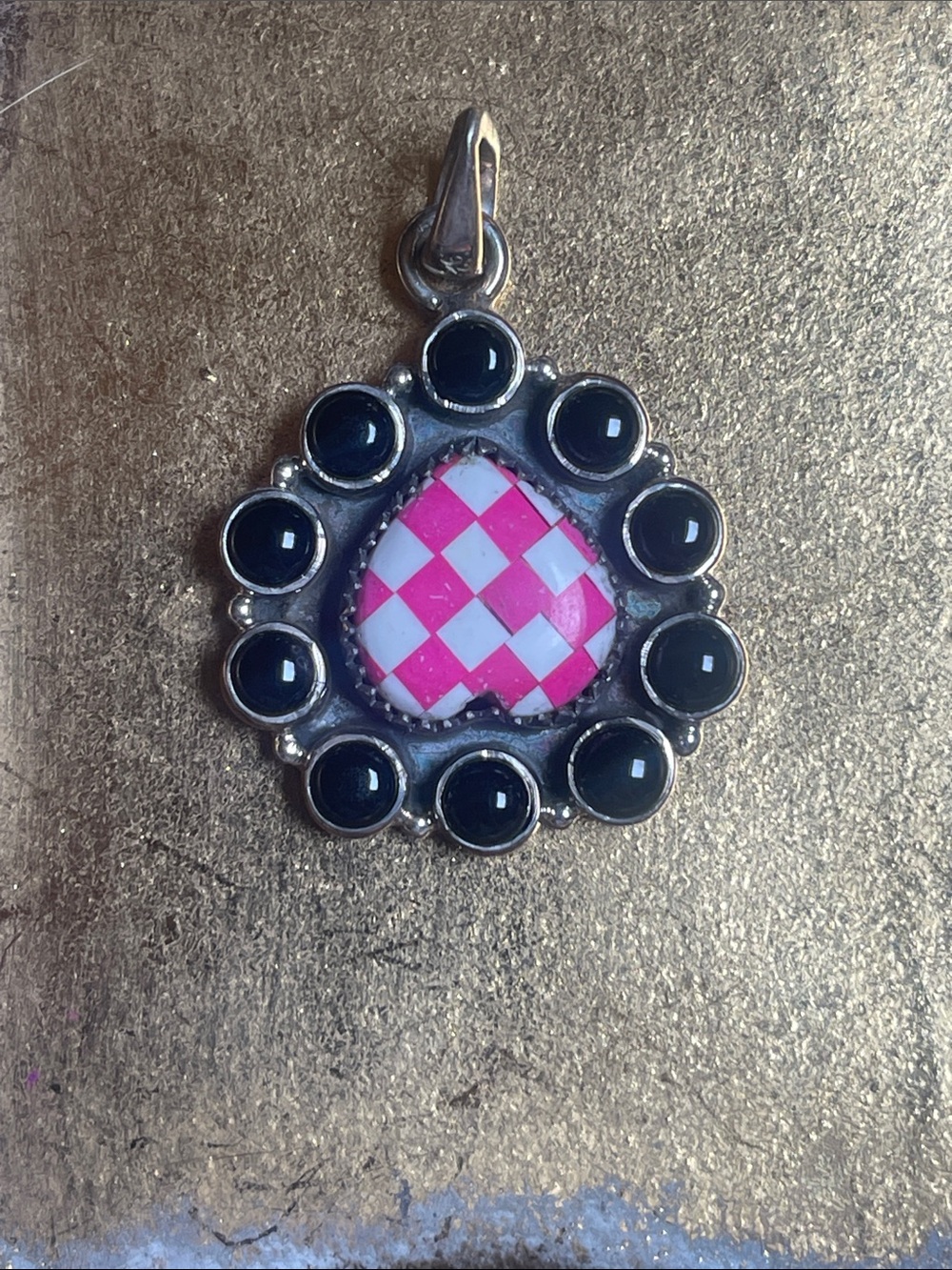 Sterling Silver Pendant Necklace with Pink & White Checker Heart and Black Onyx